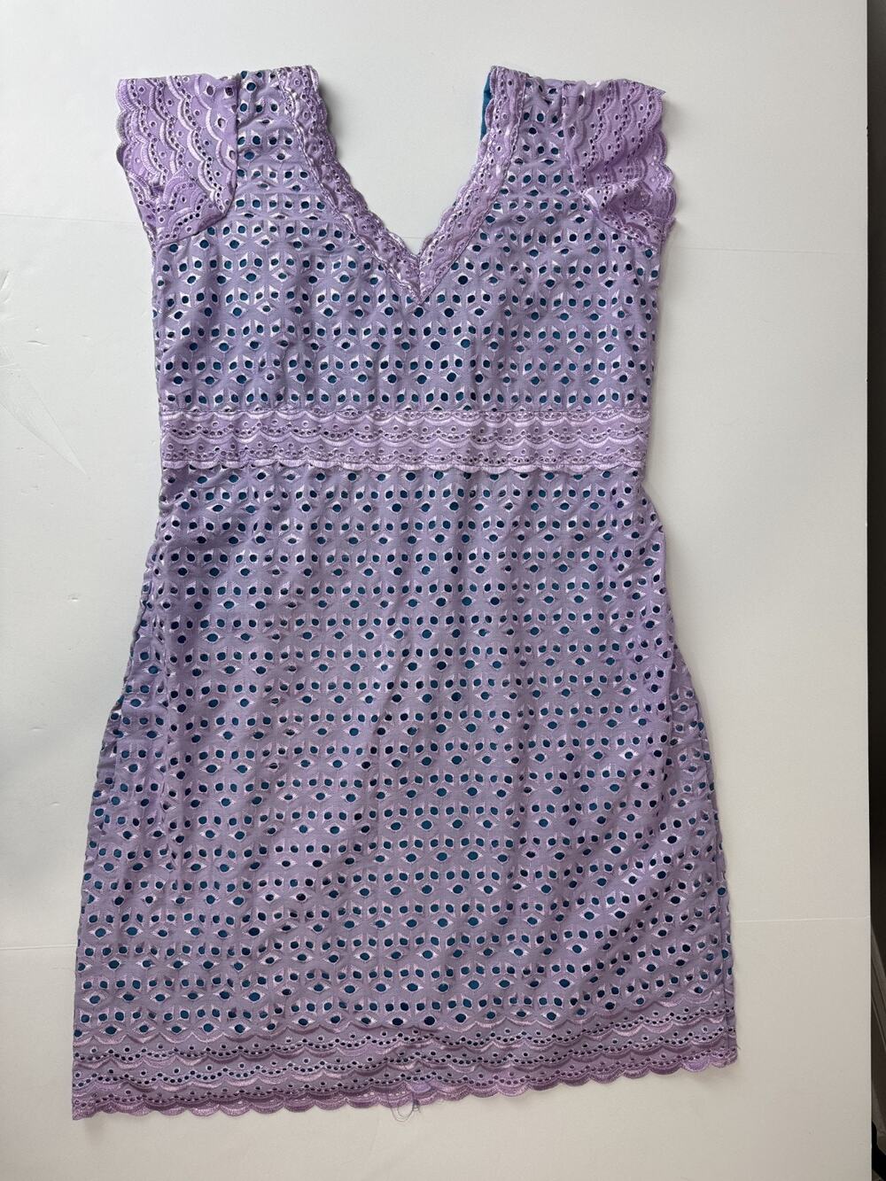 Handmade Lavender Eyelet Dress Scalloped Teal Accent Shift Cover Twee Medium